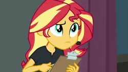 Size: 1280x720 | Tagged: safe, derpibooru import, screencap, sunset shimmer, all the world's off stage, equestria girls, equestria girls series, solo