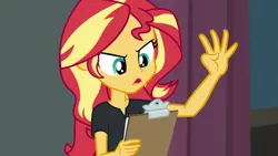 Size: 1280x720 | Tagged: safe, derpibooru import, screencap, sunset shimmer, all the world's off stage, equestria girls, equestria girls series, solo