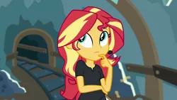 Size: 1280x720 | Tagged: safe, derpibooru import, screencap, sunset shimmer, all the world's off stage, equestria girls, equestria girls series, solo