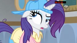 Size: 1280x720 | Tagged: safe, derpibooru import, screencap, rarity, pony, unicorn, friendship university, alternate hairstyle, backwards ballcap, baseball cap, boomerang (tv channel), cap, disguise, eyeshadow, female, hat, makeup, mare, open mouth, plainity, solo