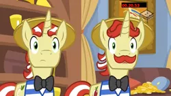 Size: 1280x720 | Tagged: safe, derpibooru import, screencap, flam, flim, pony, unicorn, friendship university, boomerang (tv channel), bowtie, brothers, duo, flim flam brothers, hat, male, siblings, stallion, straw hat, surprised