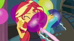 Size: 1280x720 | Tagged: safe, derpibooru import, screencap, pinkie pie, sunset shimmer, all the world's off stage, equestria girls, equestria girls series, all the world's off stage: pinkie pie, balloon, cute, shimmerbetes, silly