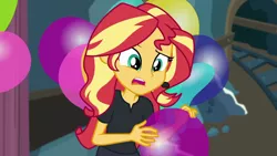 Size: 1280x720 | Tagged: safe, derpibooru import, screencap, sunset shimmer, all the world's off stage, equestria girls, equestria girls series, all the world's off stage: pinkie pie, balloon, solo