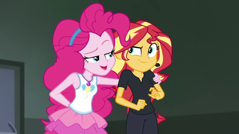 Size: 1280x720 | Tagged: safe, derpibooru import, screencap, pinkie pie, sunset shimmer, all the world's off stage, equestria girls, equestria girls series, all the world's off stage: pinkie pie, armpits, best friends, bff, black pants, black shirt, clothes, earpiece, geode of sugar bombs, grin, hairband, hand on shoulder, image, jewelry, magical geodes, necklace, open smile, png, rah rah skirt, raised eyebrow, sleeveless, smiling, tanktop