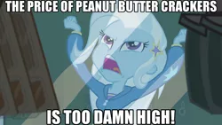 Size: 1024x576 | Tagged: safe, derpibooru import, edit, edited screencap, screencap, trixie, equestria girls, equestria girls (movie), barrette, canterlot high, caption, clothes, crackers, exploitable meme, female, food, hoodie, image macro, meme, peanut butter, peanut butter crackers, solo, text, that human sure does love peanut butter crackers, too damn high, trixie yells at everything, vending machine, yelling