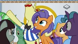 Size: 1024x576 | Tagged: safe, derpibooru import, screencap, dusty swift, fast break, fat stacks, fiery fricket, flam, frying pan (character), rosy pearl, sprout greenhoof, pony, friendship university, background pony, boomerang (tv channel), las pegasus resident