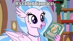 Size: 960x540 | Tagged: book, caption, derpibooru import, dianetics, hippogriff, image macro, meme, safe, scientology, screencap, silverstream, text, the hearth's warming club, this will end in bankrupcy, this will end in tears
