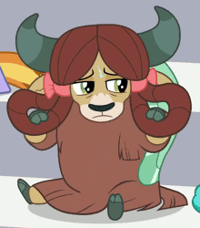Size: 692x785 | Tagged: a matter of principals, animated, bow, cloven hooves, cropped, cute, derpibooru import, female, hair bow, lööps, monkey swings, playing with hair, sad, safe, sandbar, screencap, silly, sitting, solo focus, sweat, yak, yona, yonadorable