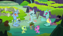 Size: 1280x720 | Tagged: safe, derpibooru import, screencap, axilla, carapace (character), lumbar, ocellus, spiracle, changedling, changeling, nymph, the hearth's warming club, animated, cute, cuteling, cuteness overload, cycle, diaocelles, eyes closed, frown, funny, giving, happy, i have done nothing productive all day, loop, open mouth, perfect loop, present, silly, sitting, smiling, talking