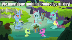 Size: 1280x720 | Tagged: safe, derpibooru import, screencap, ocellus, changedling, changeling, nymph, the hearth's warming club, animated, boomerang (tv channel), caption, cycle, giving, i have done nothing productive all day, image macro, loop, meme, perfect loop, present, text