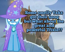 Size: 926x737 | Tagged: angry, cape, clothes, derpibooru import, edit, edited screencap, hat, hilarious in hindsight, implied song, implied yaks, mouthpiece, safe, screencap, teeth, the hearth's warming club, trixie, trixie's cape, trixie's hat, yak song