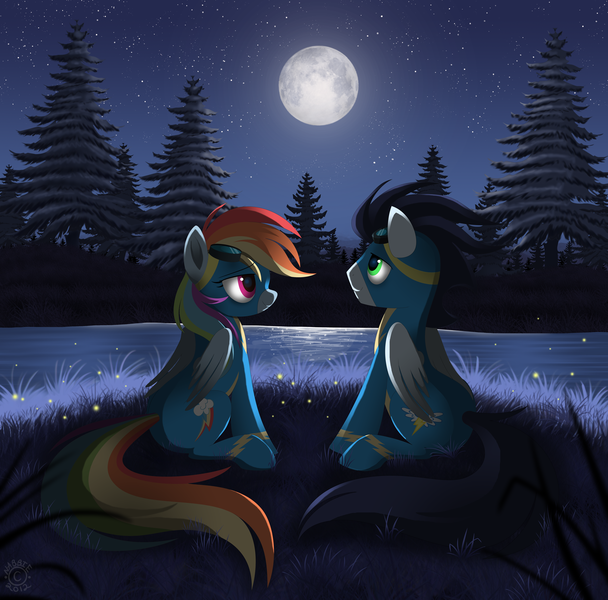 Size: 1450x1430 | Tagged: safe, artist:nabbiekitty, derpibooru import, rainbow dash, soarin', clothes, female, goggles, male, moon, night, romantic, scenery, shipping, soarindash, stars, straight, uniform, wonderbolts uniform