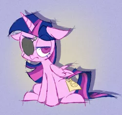 Size: 980x924 | Tagged: safe, artist:thegreatrouge, derpibooru import, twilight sparkle, twilight sparkle (alicorn), alicorn, pony, friendship university, disguise, eyepatch, eyepatch (disguise), fake cutie mark, female, floppy ears, mare, paper-thin disguise, solo