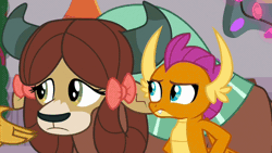 Size: 840x473 | Tagged: animated, bow, can't argue with that, claws, derpibooru import, dragon, dragoness, dragon wings, fangs, female, gallus, gif, hair bow, horns, safe, screencap, shrug, smiling, smolder, the hearth's warming club, wings, yak, yona