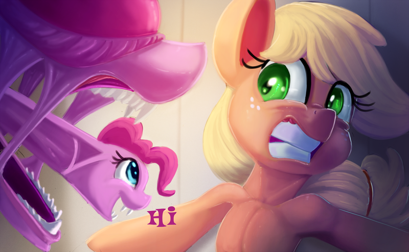 Size: 2000x1236 | Tagged: safe, artist:discorded, derpibooru import, applejack, pinkie pie, alien, earth pony, pony, xenomorph, alien (franchise), atg 2018, crossover, female, hi, mare, newbie artist training grounds, open mouth, scared