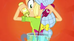 Size: 1280x720 | Tagged: safe, derpibooru import, screencap, applejack, eqg summertime shorts, equestria girls, shake things up!, blender (object), female, hair net, looking back, smoothie, solo, syrup