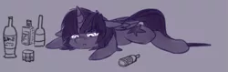 Size: 1297x411 | Tagged: :<, alcohol, alicorn, artist:duop-qoub, bottle, derpibooru import, descended twilight, female, floppy ears, glass, looking down, lying down, mare, sad, safe, solo, twilight sparkle, twilight sparkle (alicorn)