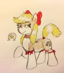 Size: 1792x2045 | Tagged: safe, artist:blueskies~, derpibooru import, oc, oc:hoedown(mlh), unofficial characters only, earth pony, pony, bedroom eyes, blonde hair, bow, butt, butt freckles, choker, clothes, cutie mark, female, freckles, horseshoes, my little harem, pattern, plot, socks, solo, the celestial harem, traditional art