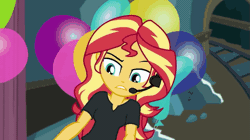 Size: 1011x568 | Tagged: safe, derpibooru import, screencap, pinkie pie, sunset shimmer, all the world's off stage, equestria girls, equestria girls series, all the world's off stage: pinkie pie, angry, animated, balloon, blowing, female, geode of sugar bombs, gif, magical geodes, one eye closed, yelling