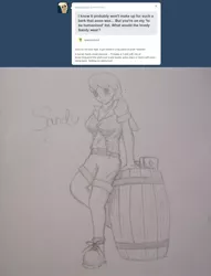 Size: 1280x1672 | Tagged: artist:asksteelhoof, barrel, clothes, derpibooru import, human, humanized, mjölna, monochrome, safe, shirt, shorts, solo, traditional art