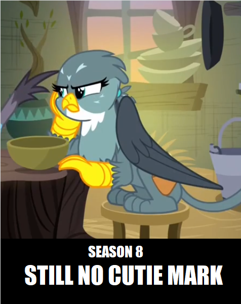 Size: 476x600 | Tagged: safe, derpibooru import, edit, edited screencap, screencap, gabby, gryphon, the hearth's warming club, blank flank, cropped, female, solo, text, unamused