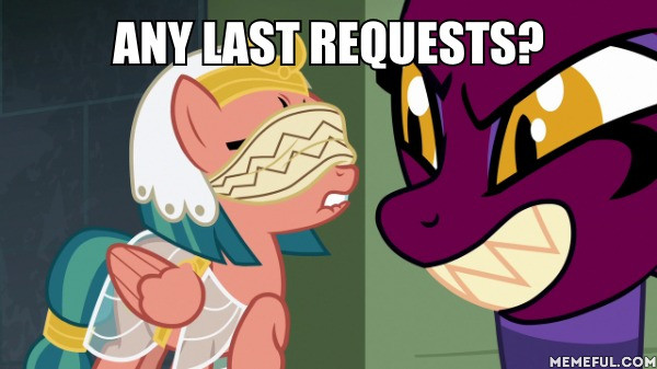 Size: 600x337 | Tagged: blindfold, caption, daring done?, derpibooru import, edit, edited screencap, image macro, meme, memeful.com, safe, screencap, somnambula, sphinx, sphinx (character), text