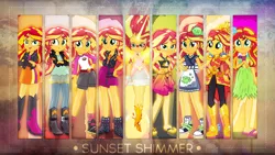Size: 1920x1080 | Tagged: safe, artist:antylavx, derpibooru import, sunset shimmer, dance magic, eqg summertime shorts, equestria girls, equestria girls (movie), equestria girls series, friendship games, good vibes, legend of everfree, spoiler:eqg specials, boots, clothes, converse, crystal guardian, daydream shimmer, female, geode of empathy, grass skirt, high heel boots, hulashimmer, jacket, leather, leather jacket, magical geodes, miniskirt, multeity, sarong, shimmerstorm, shirt, shoes, shorts, skirt, smiling, sneakers, sunset sushi, swimsuit, wallpaper