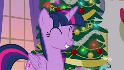 Size: 1920x1080 | Tagged: safe, derpibooru import, screencap, twilight sparkle, twilight sparkle (alicorn), alicorn, pony, the hearth's warming club, christmas, christmas tree, cute, eyes closed, hearth's warming tree, holiday, smiling, solo, tree, twiabetes