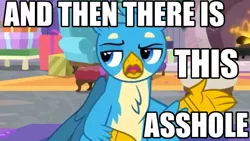 Size: 1280x720 | Tagged: safe, derpibooru import, edit, edited screencap, screencap, gallus, gryphon, the hearth's warming club, and then there's this asshole, caption, fire, fireplace, image macro, juxtaposition bait, meme, solo, text, vulgar