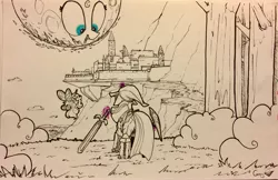 Size: 3254x2108 | Tagged: alicorn, artist:greyscaleart, canterlot, derpibooru import, master sword, moon, princess celestia, princess luna, safe, shield, smiling, sword, the legend of zelda, the legend of zelda: majora's mask, this will end in death, traditional art, twilight sparkle, twilight sparkle (alicorn), weapon