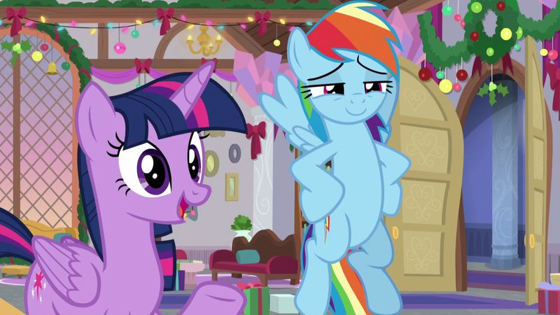 Size: 1280x720 | Tagged: safe, derpibooru import, screencap, rainbow dash, twilight sparkle, twilight sparkle (alicorn), alicorn, pegasus, pony, the hearth's warming club, faic, flying, hooves on hips, lidded eyes, school of friendship, smiling, smirk, smug, smugdash, wings