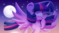 Size: 3712x2100 | Tagged: safe, artist:bubbly-storm, derpibooru import, twilight sparkle, twilight sparkle (alicorn), alicorn, pony, female, flying, mare, moon, night, smiling, solo