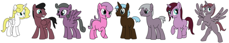 Size: 1024x196 | Tagged: safe, artist:didgereethebrony, derpibooru import, oc, alicorn, earth pony, pegasus, pony, unicorn, alicorn oc, base used, female, horn, male, octuplets, offspring, offspring's offspring, parent:oc:shimmering glow, parent:princess flurry heart, parents:canon x oc, siblings, simple background, transparent background, wings