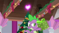 Size: 1920x1080 | Tagged: safe, derpibooru import, screencap, spike, dragon, the hearth's warming club, cloak, clothes, fire of friendship, hearth's warming tree, present, tree, winged spike