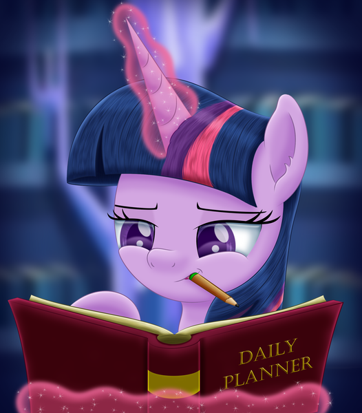 Size: 2088x2383 | Tagged: safe, artist:lifesharbinger, derpibooru import, twilight sparkle, twilight sparkle (alicorn), alicorn, pony, book, female, magic, mare, pencil, solo