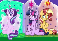 Size: 2000x1414 | Tagged: safe, artist:chautung, derpibooru import, starlight glimmer, sunset shimmer, twilight sparkle, twilight sparkle (alicorn), alicorn, pony, unicorn, counterparts, trio, twilight's counterparts