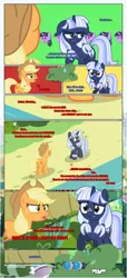 Size: 1919x4225 | Tagged: safe, artist:estories, derpibooru import, applejack, twilight sparkle, twilight sparkle (alicorn), oc, oc:curly mane, oc:silverlay, alicorn, earth pony, pony, unicorn, comic:a(pple)ffection, binoculars, bush, comic, female, mare, twilight bushel