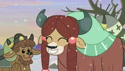 Size: 1280x720 | Tagged: safe, derpibooru import, screencap, yona, yak, the hearth's warming club, calf, eyes closed, female, horn, horn ring, ring, smiling, tongue out, yak calf
