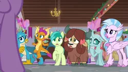 Size: 1280x720 | Tagged: safe, derpibooru import, screencap, gallus, ocellus, sandbar, silverstream, smolder, twilight sparkle, twilight sparkle (alicorn), yona, alicorn, changedling, changeling, classical hippogriff, dragon, earth pony, gryphon, hippogriff, pony, yak, the hearth's warming club, bow, cloven hooves, dragoness, female, hair bow, jewelry, male, monkey swings, necklace, student six, teenager