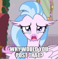 Size: 500x515 | Tagged: caption, classical hippogriff, crying, derpibooru import, female, hippogriff, image macro, jewelry, meme, necklace, reaction image, sad, safe, screencap, silverstream, teary eyes, text, the hearth's warming club, why would you post that
