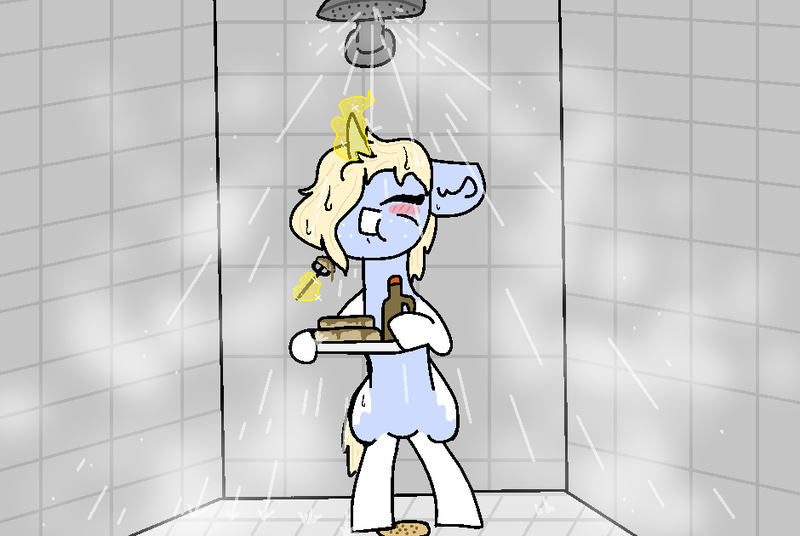 Size: 940x630 | Tagged: safe, artist:nootaz, derpibooru import, oc, oc:nootaz, pony, unicorn, bipedal, blushing, eating, food, fork, hair over one eye, magic, pancakes, shower, socks (coat marking), solo, syrup