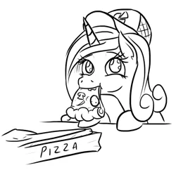 Size: 547x529 | Tagged: safe, artist:jargon scott, derpibooru import, princess cadance, alicorn, pony, black and white, cadance's pizza delivery, eating, female, food, grayscale, hat, mare, meat, monochrome, mushroom, nom, peetzer, pepperoni, pepperoni pizza, pizza, pizza box, pizza delivery, simple background, solo, that pony sure does love pizza, this will end in heartburn, white background, wide eyes