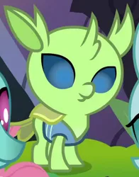 Size: 365x465 | Tagged: background changeling, changedling, changeling, cropped, derpibooru import, lumbar, nymph, ocellus, safe, screencap, solo focus, spiracle, the hearth's warming club