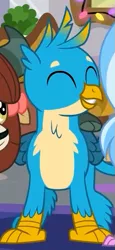 Size: 285x617 | Tagged: safe, derpibooru import, screencap, gallus, silverstream, yona, gryphon, the hearth's warming club, claws, cropped, cute, eyes closed, gallabetes, male, offscreen character, smiling, wings