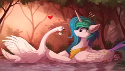 Size: 2200x1257 | Tagged: safe, artist:yakovlev-vad, derpibooru import, princess celestia, alicorn, bird, pony, swan, cheek fluff, chest fluff, confused, crown, cute, cutelestia, daisy (flower), do not want, duo, ear fluff, exclamation point, eye clipping through hair, female, floppy ears, flower, flower in mouth, fluffy, forest, frown, grin, heart, interrobang, jewelry, lidded eyes, looking at each other, mare, meme, missing accessory, mouth hold, nope, otp, peytral, pushing, question mark, regalia, scenery, shoulder fluff, smiling, smirk, surprised, swanlestia, swimming, varying degrees of want, water, wet, wide eyes, wing fluff