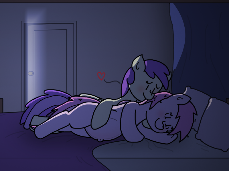 Size: 1120x840 | Tagged: safe, artist:goodie-bag, derpibooru import, alula, piña colada, pluto, princess erroria, earth pony, pegasus, pony, 4chan, awwlula, bed, belly, belly button, blank flank, blushing, cuddling, curtain, door, erroriabetes, female, happy, heart, hoof on belly, lesbian, lying down, mare, messy mane, night, nuzzling, older, on bed, outie belly button, paint.net, pillow, piña cutelada, piñalula, pregnant, shipping, smiling, spooning, teen pregnancy, teenager, tired