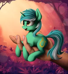 Size: 1700x1848 | Tagged: safe, artist:yakovlev-vad, derpibooru import, lyra heartstrings, human, pony, cute, disembodied hand, hand, holding a pony, in goliath's palm, it's dangerous to go alone, lyrabetes, micro, open mouth, prone, smiling, tiny, tiny ponies