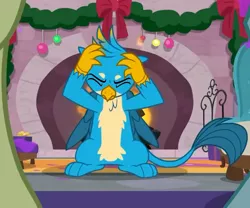 Size: 648x540 | Tagged: safe, derpibooru import, screencap, gallus, gryphon, the hearth's warming club, claws, cropped, eyes closed, fire, fireplace, male, paws, solo focus, tail, upset, wings