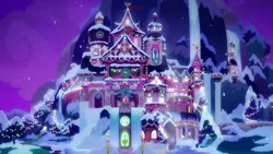 Size: 1280x720 | Tagged: architecture, beautiful, christmas, christmas lights, derpibooru import, holiday, safe, scenery, school of friendship, screencap, snow, the hearth's warming club