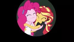 Size: 1280x720 | Tagged: safe, derpibooru import, screencap, pinkie pie, sunset shimmer, all the world's off stage, equestria girls, equestria girls series, all the world's off stage: pinkie pie, hug, iris out